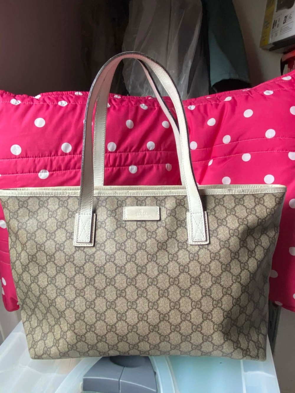Gucci Beige Monogram Canvas Tote with White Leather Trim